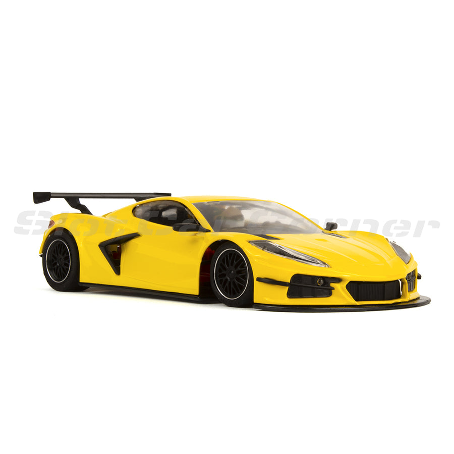 NSR yellow Corvette C8R test car, front three-quarter view