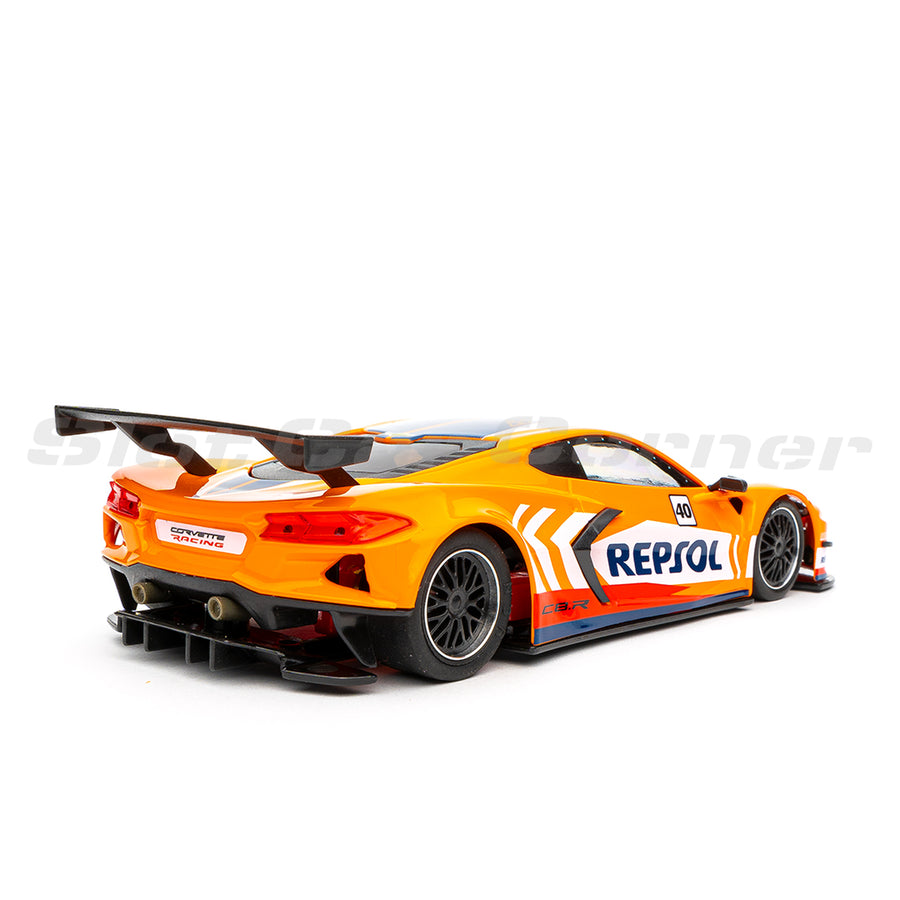 NSR 0440SW Corvette C8R No. 40 Repsol Orange slot car, rear three-quarter view