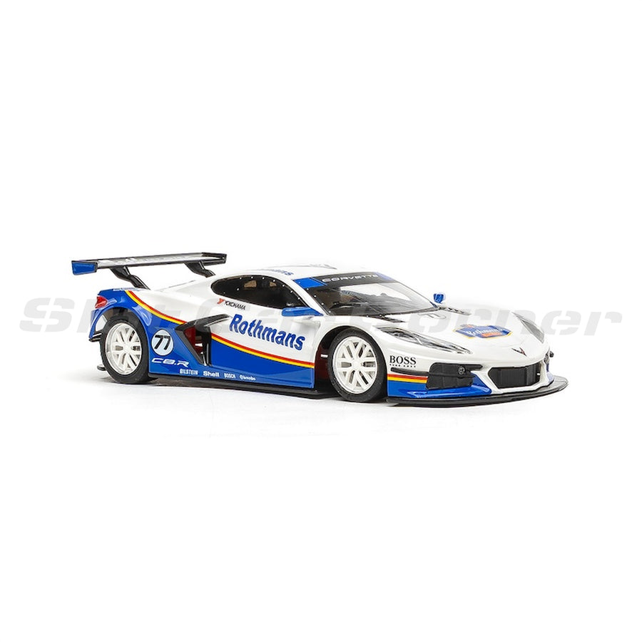 NSR 0577AW Corvette C8R No. 77, Rothmans Blue slot car, front three-quarter view
