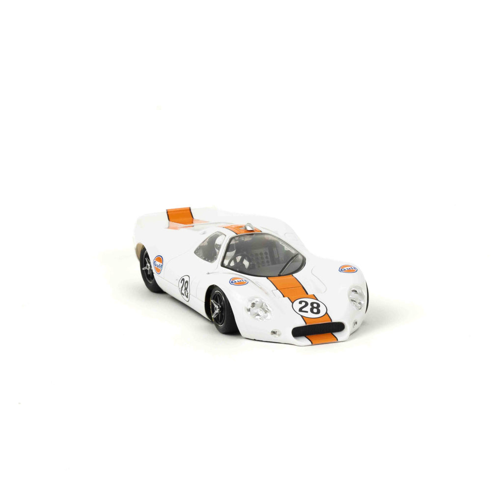 NSR 0656SW Ford P68 Alan Mann slot car, white Gulf No. 28 livery, front three-quarter view