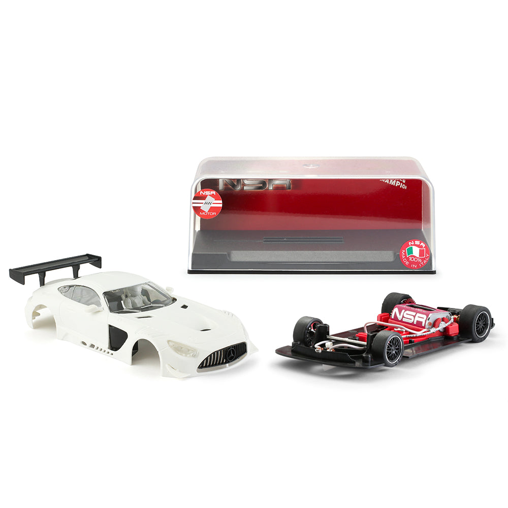 NSR 0313AW Mercedes AMG GT3 EVO White Kit showing unpainted body, anglewinder chassis and display case