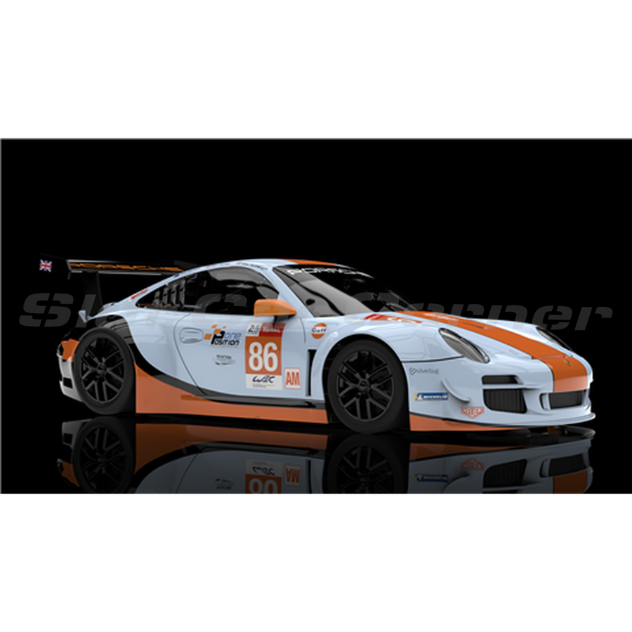 NSR 0618 Porsche 997 GT3 Gulf No. 86 Le Mans 2018 slot car, white and orange, front three-quarter view