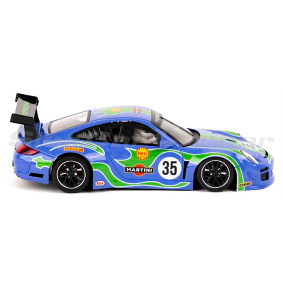 NSR 0636 Porsche 997 GT3 Purple Hippie No. 35 slot car with green graphics, side view