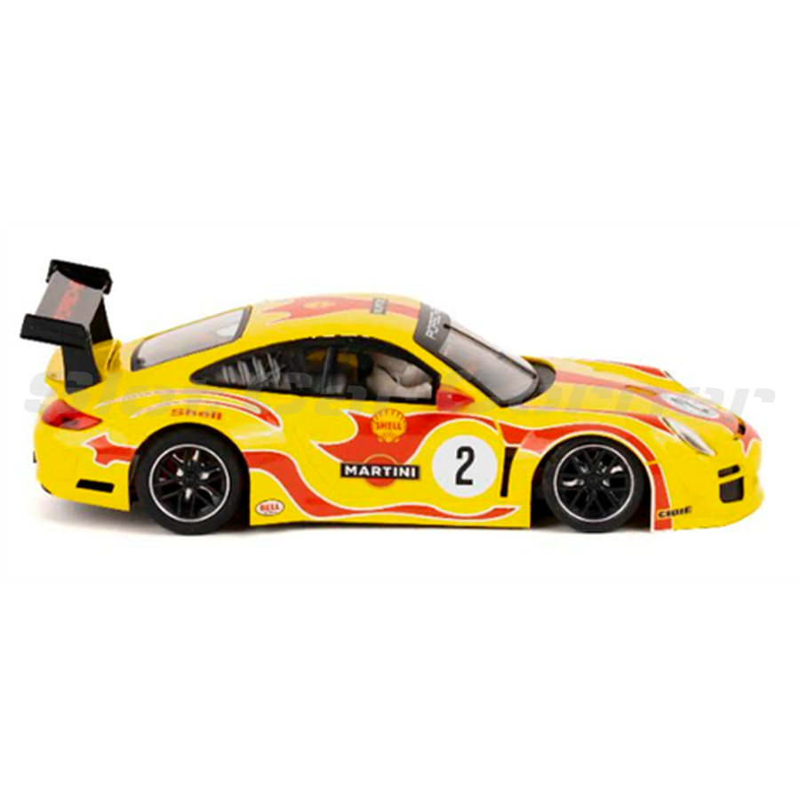 NSR 0637 Porsche 997 GT3 Yellow Hippie No. 2 slot car with red graphics, side view