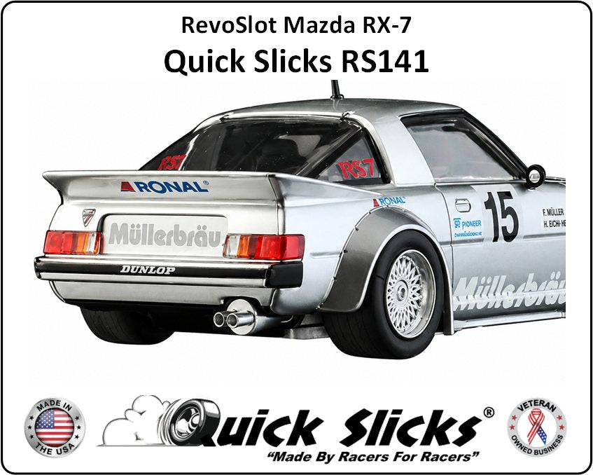 Quick Slicks RS141XF X-Firm silicone slot car tires for 1:32 RevoSlot Mazda RX-7 cars