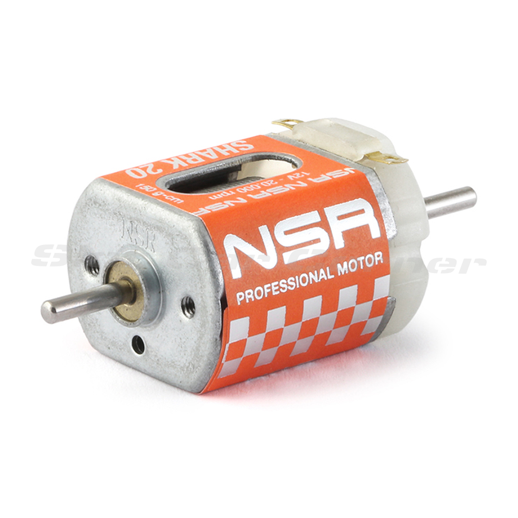 NSR 3040 Shark EVO 20,000 RPM motor showing the can, shaft and terminals