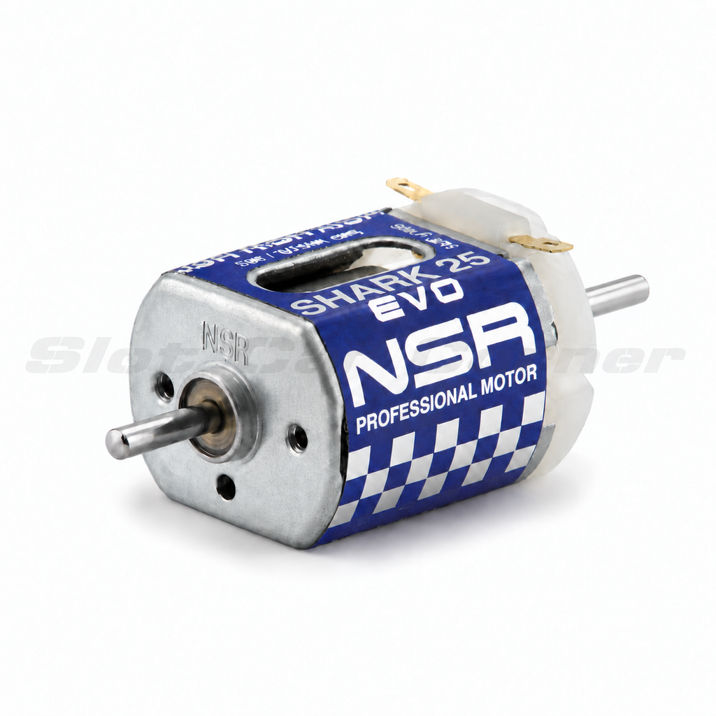 NSR 3043 Shark EVO 25 motor with purple label, metal can and double-ended shaft