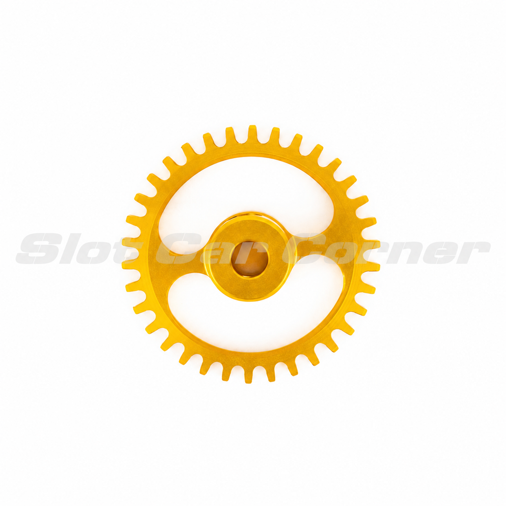 NSR 5934 gold 34-tooth ERGAL Hypercar sidewinder gear, front view