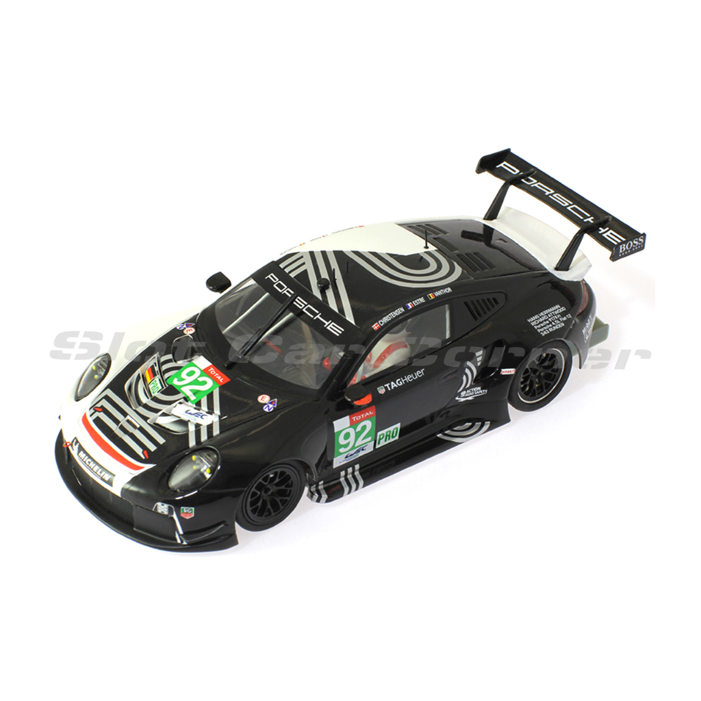 Scaleauto SC-6299R Porsche 911 (991.2) GT3 RSR No. 92, black and white livery, front three-quarter view