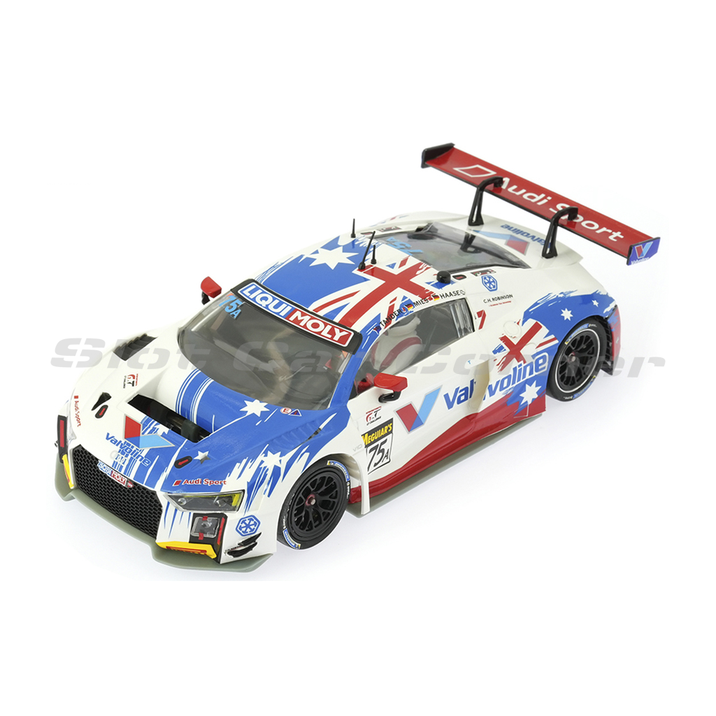Scaleauto SC-6353R Audi LMS GT3 No. 75, Valvoline white, blue and red livery, front three-quarter view