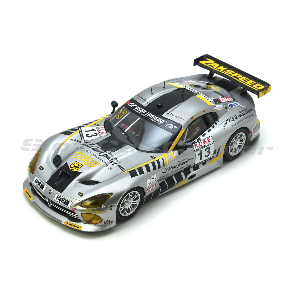 Scaleauto SC-6439R SRT Viper GTS No. 13, silver, black and yellow livery, front three-quarter view