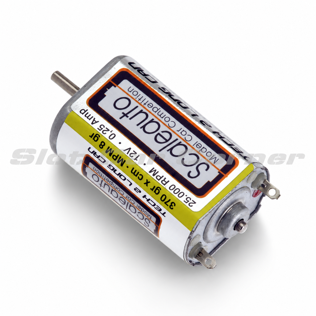 Scaleauto SC-0012B TECH-2 25,000 RPM long-can motor with yellow label, angled view
