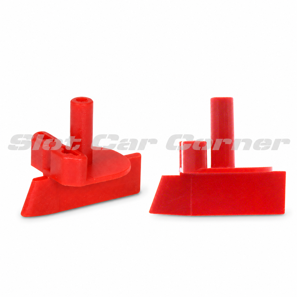 Two red Scaleauto SC-1604 guide flags with 7 mm blades and 3.75 mm posts, angled and side views