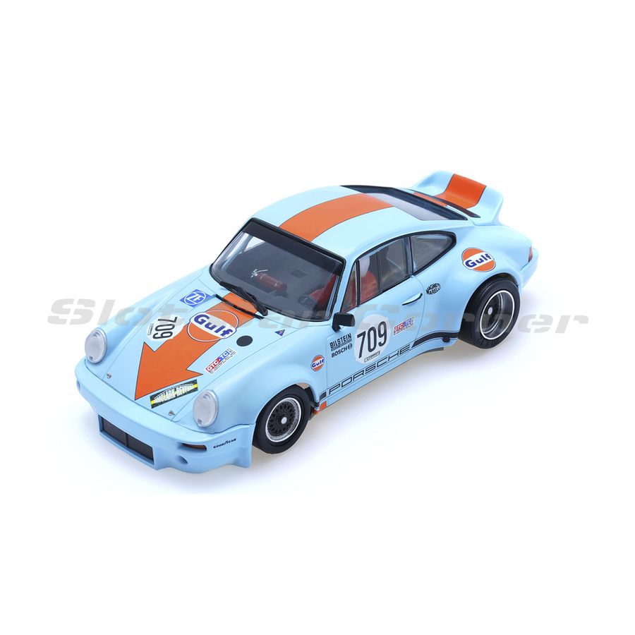 Scaleauto SC-6123R light blue and orange Porsche 911 RS No. 709 slot car, front three-quarter view