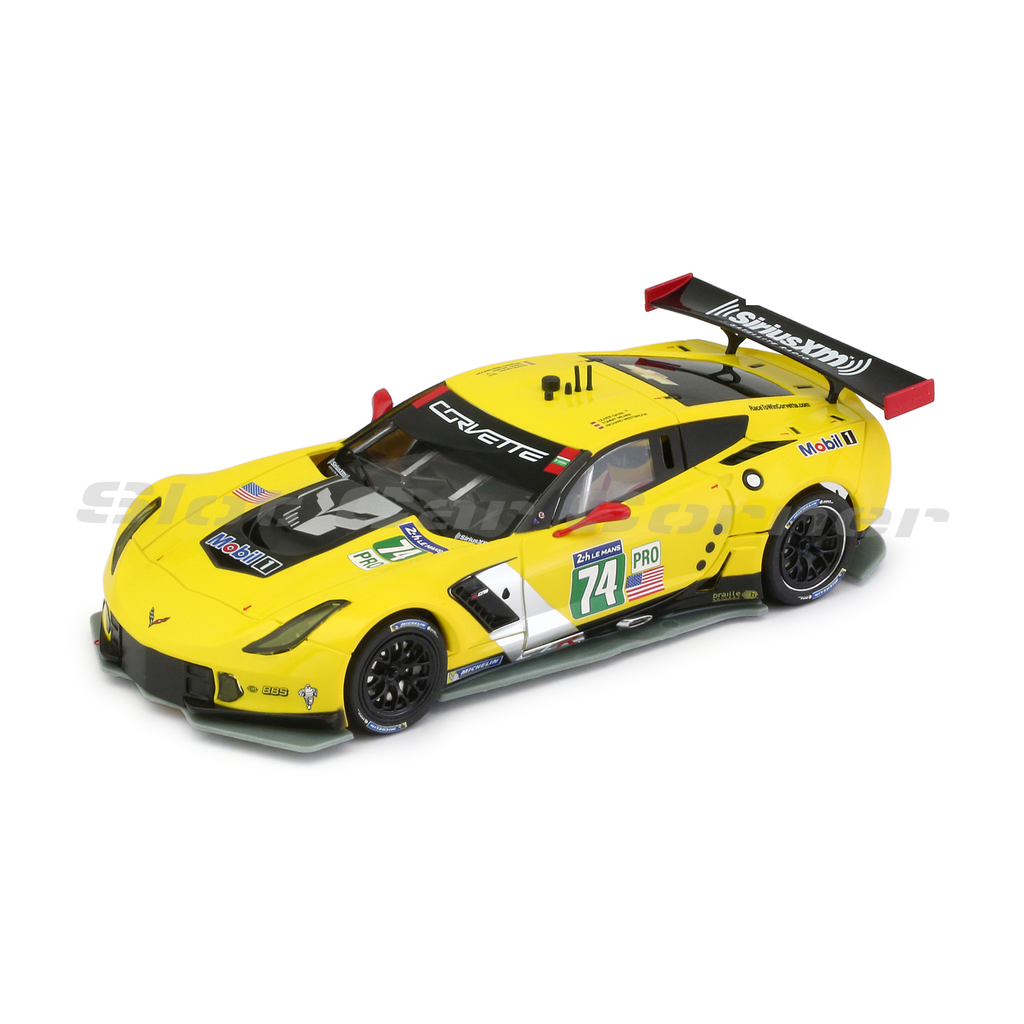 Scaleauto SC-6198R yellow Corvette C7R GT3 No. 74 slot car, front three-quarter view