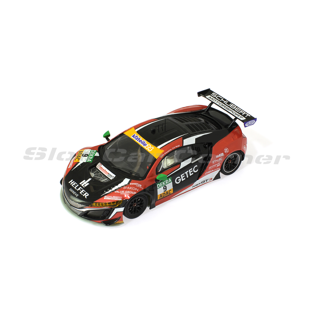 Scaleauto SC-6308R black and red NSX GT3 GETEC No. 9 slot car, front three-quarter view
