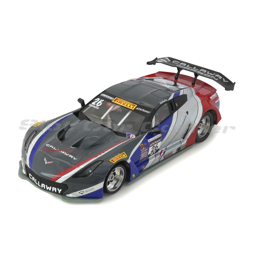 Scaleauto SC-6350RS gray, red and blue Callaway GT3 No. 26 slot car, front three-quarter view