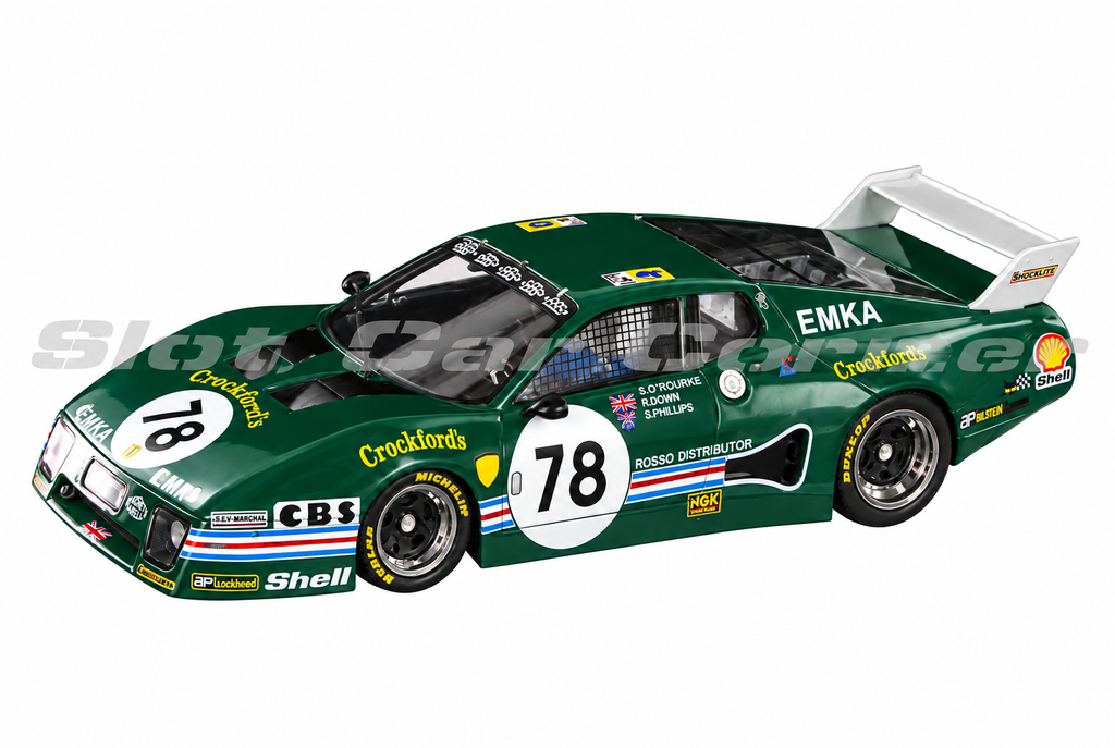 Sideways SW51A 512BB/LM No. 78 EMKA Le Mans 1980 slot car, front three-quarter view on white background