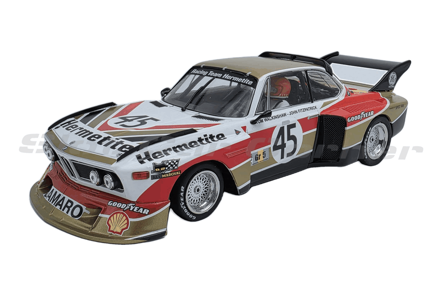Sideways SW86 BMW 3.5 CSL Group 5 Team Hermetite No. 45, front three-quarter view on white background