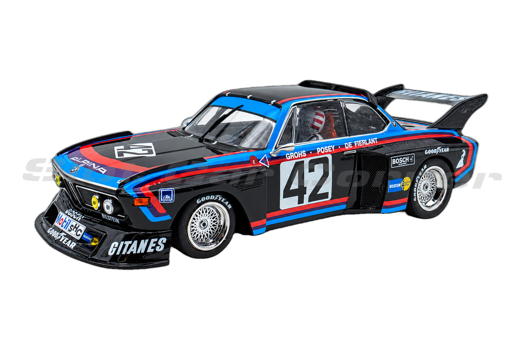 Sideways SW87 BMW 3.5 CSL Group 5 No. 42 Gitanes, 24H Le Mans 1976, front three-quarter view on white background