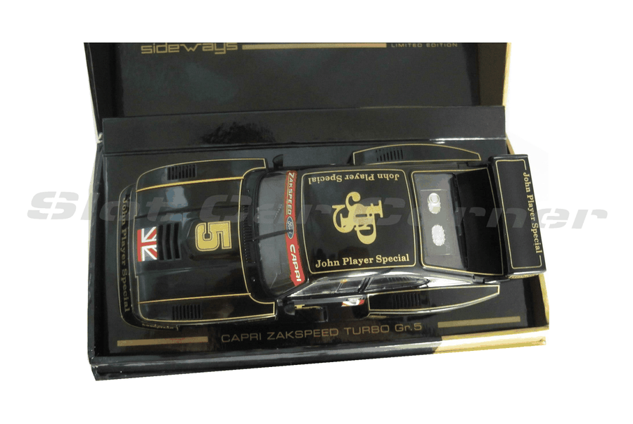 Sideways SWLE01 Ford Capri Zakspeed No. 5 JPS LIMITED EDITION, overhead view in presentation box on white background