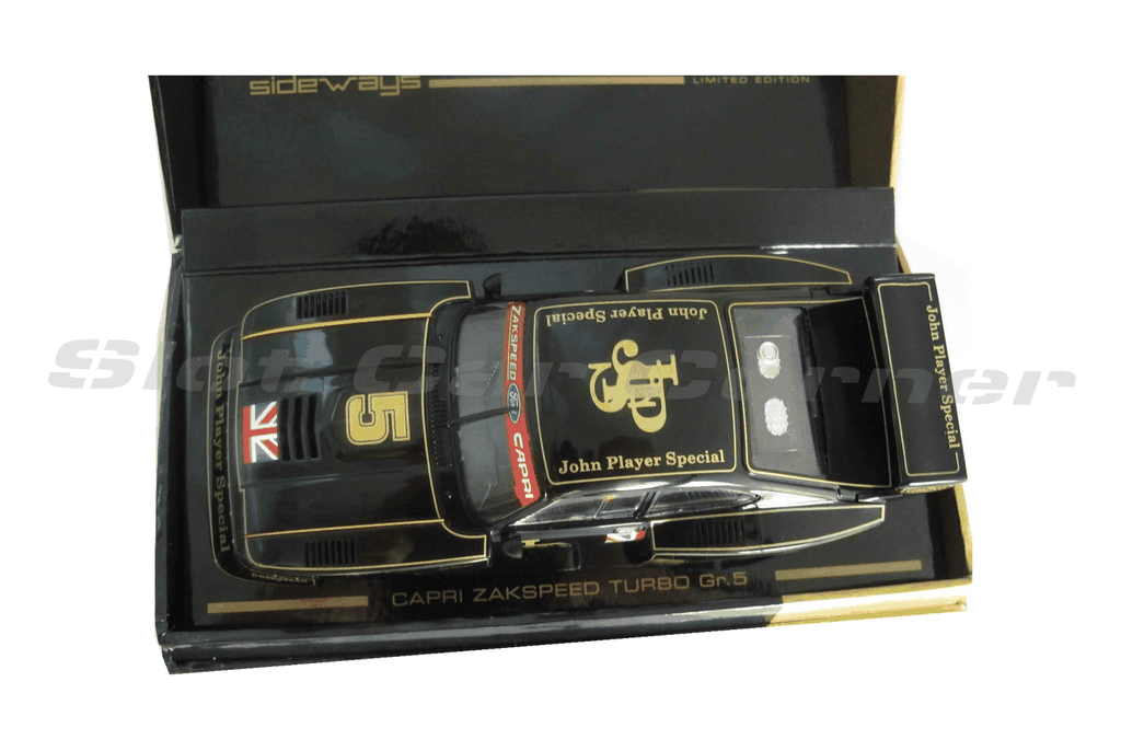 Sideways SWLE01 Ford Capri Zakspeed No. 5 JPS LIMITED EDITION, overhead view in presentation box on white background