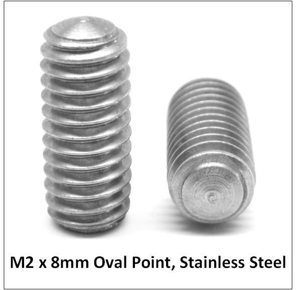 SCC M2 x 8.0mm Set Screws, Oval Point, Stainless Steel