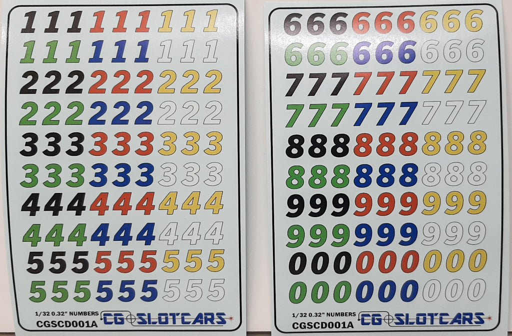 CG Slotcars 1/32 Scale .32" Colored Number Decal Sheets